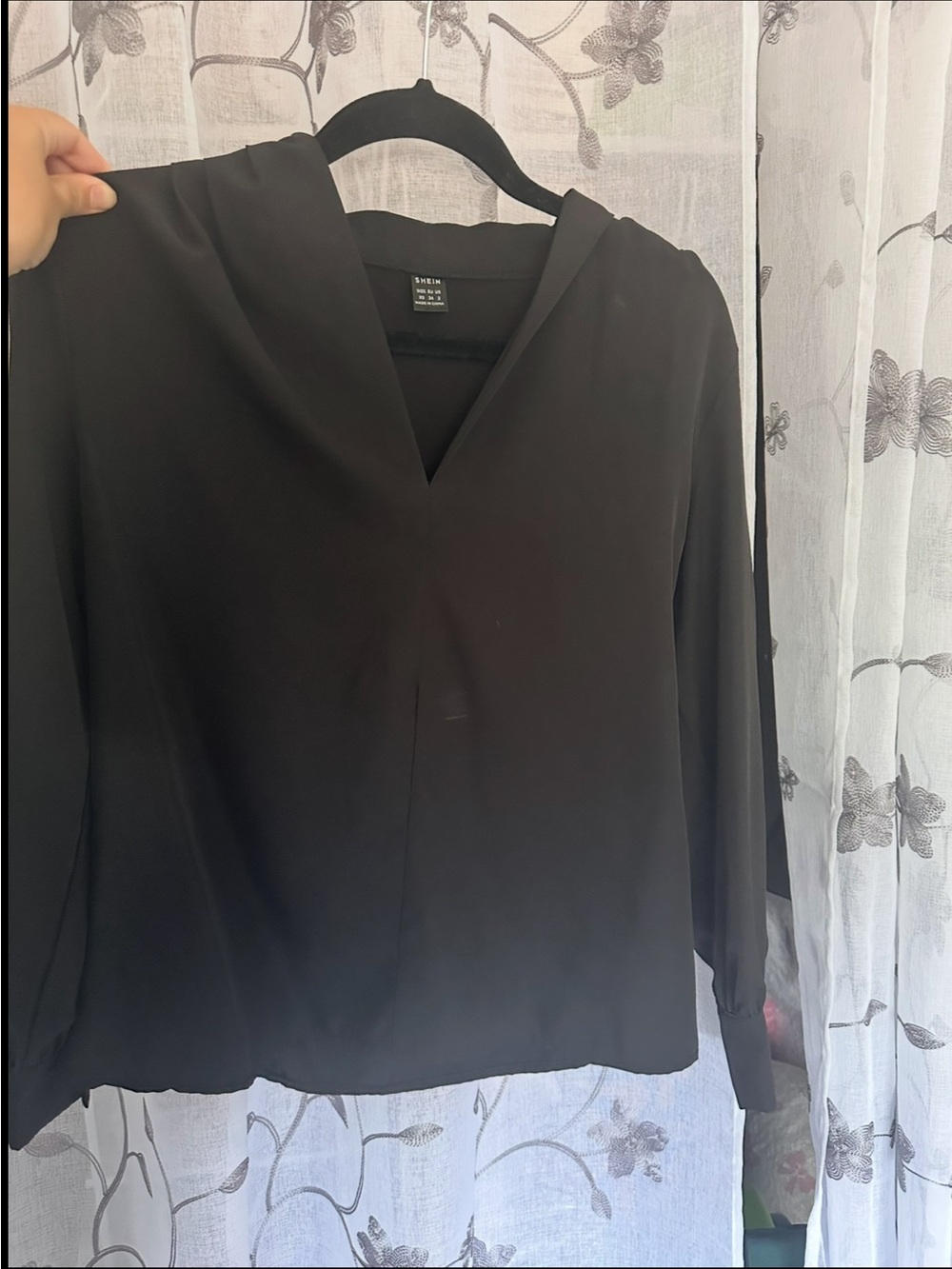 SHEIN Black V-Neck Long Sleeve Blouse with Hooded Collar